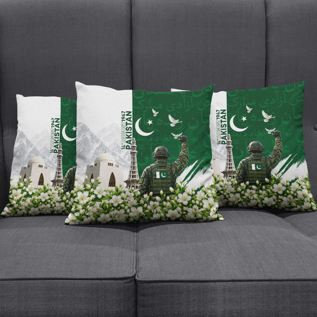 Pakistan Independence Day Pillow Cover Patriotic Soldier Heritage Landmarks And Jasmine