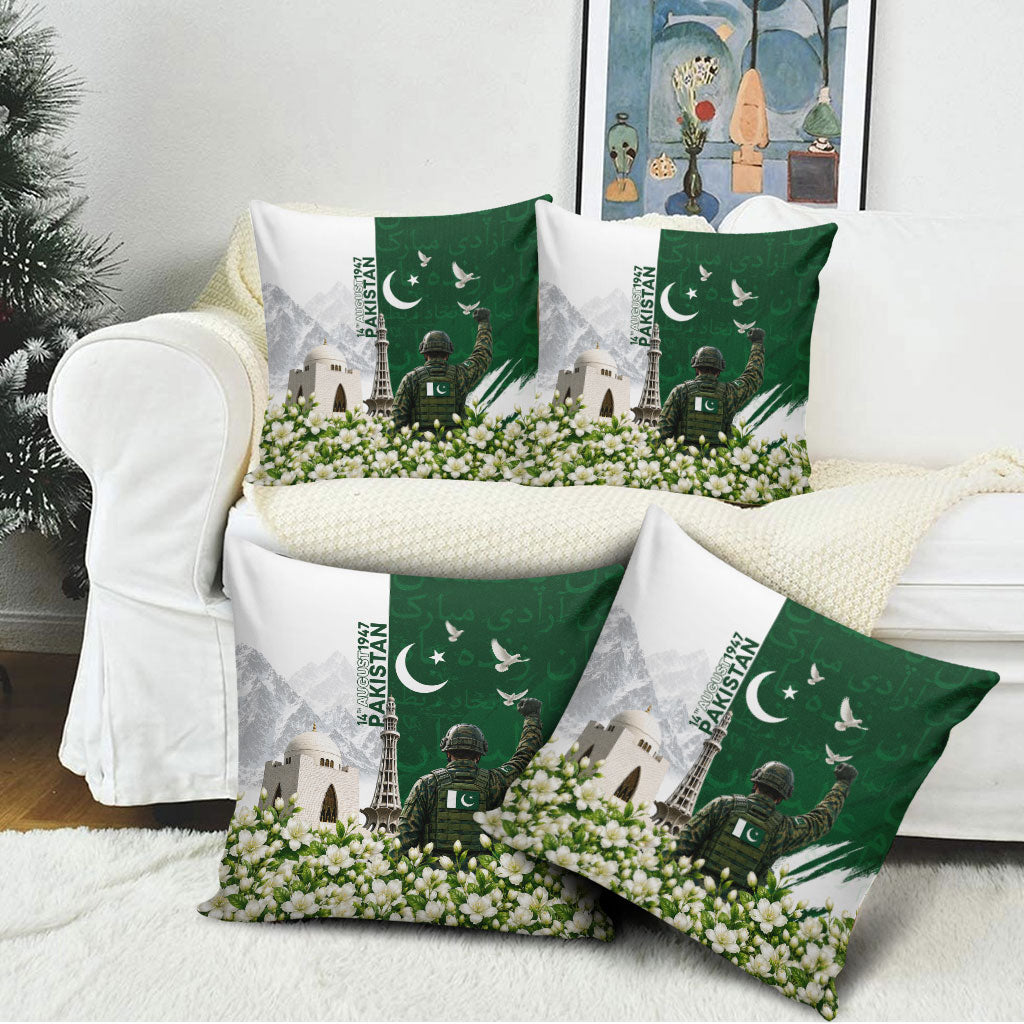 Pakistan Independence Day Pillow Cover Patriotic Soldier Heritage Landmarks And Jasmine