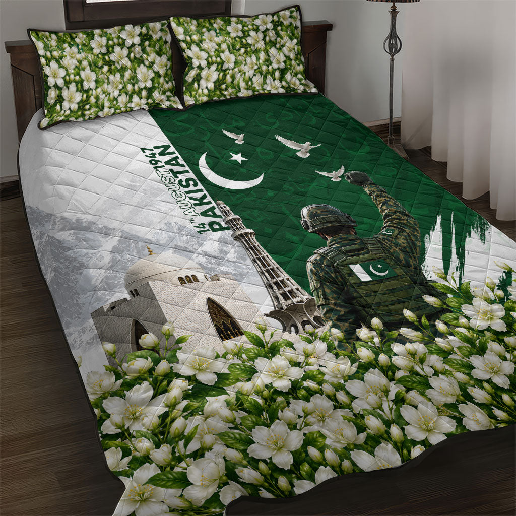 Pakistan Independence Day Quilt Bed Set Patriotic Soldier Heritage Landmarks And Jasmine