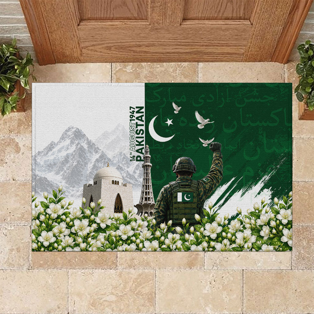 Pakistan Independence Day Rubber Doormat Patriotic Soldier Heritage Landmarks And Jasmine