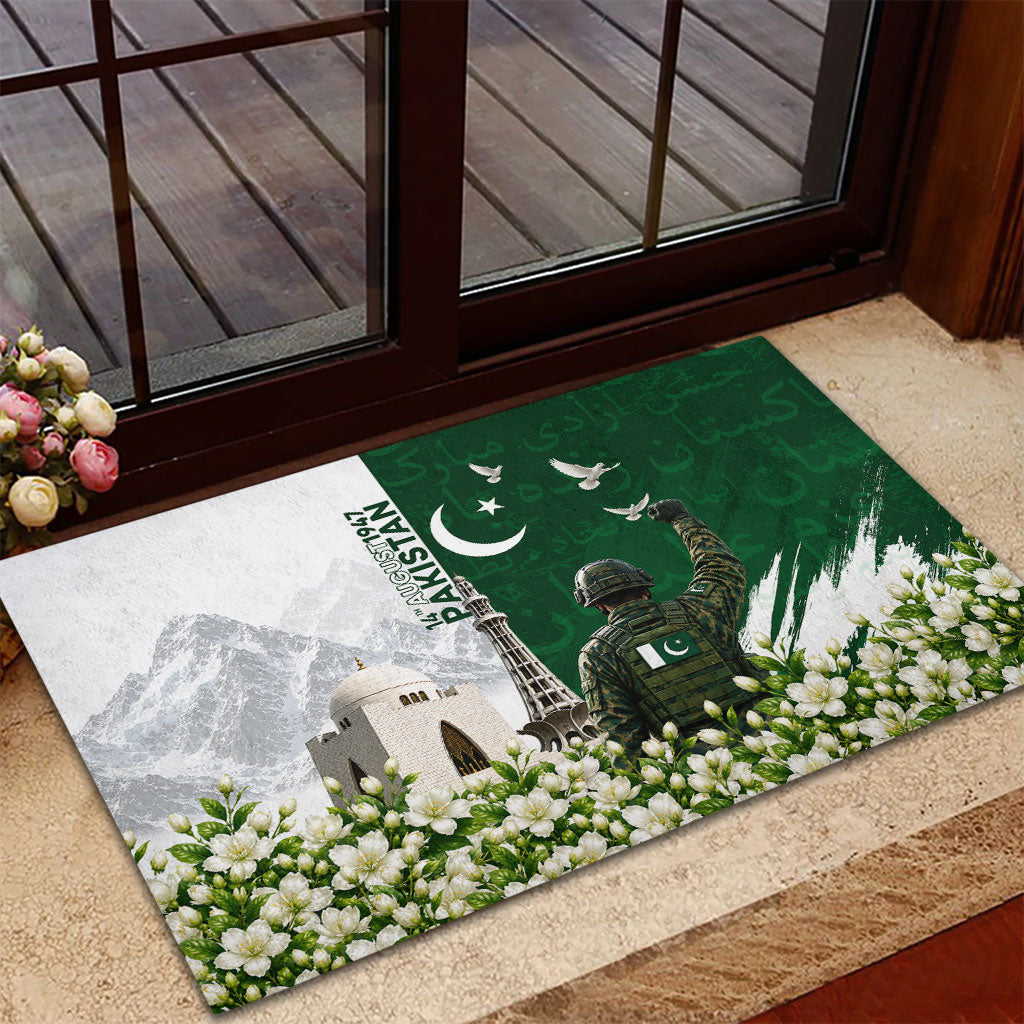 Pakistan Independence Day Rubber Doormat Patriotic Soldier Heritage Landmarks And Jasmine