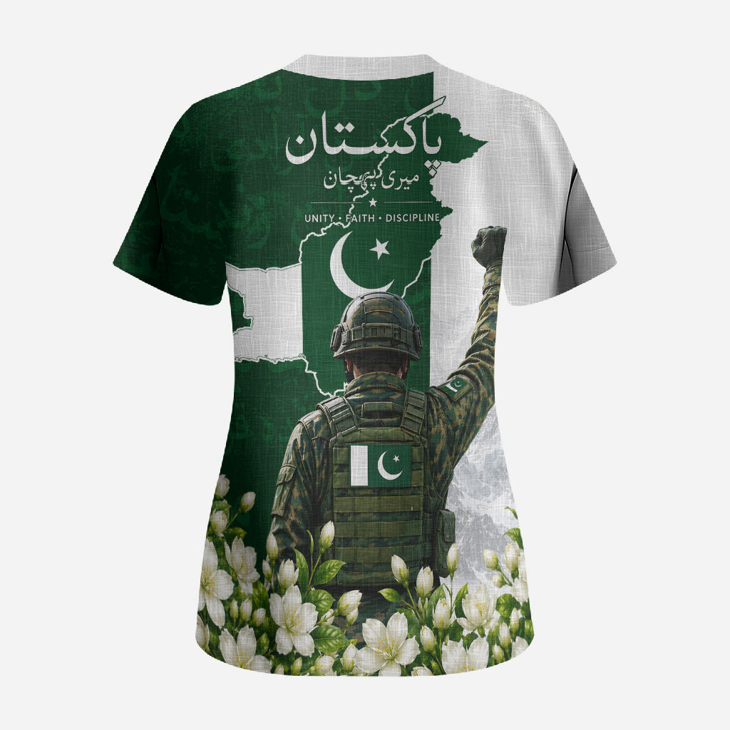 Pakistan Independence Day Scrub Top Patriotic Soldier Heritage Landmarks And Jasmine