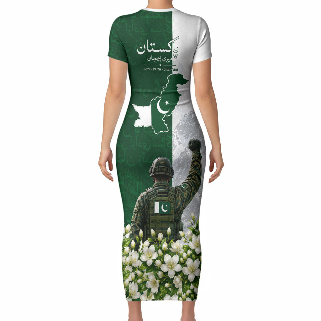 Pakistan Independence Day Short Sleeve Bodycon Dress Patriotic Soldier Heritage Landmarks And Jasmine