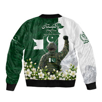 Pakistan Independence Day Sleeve Zip Bomber Jacket Patriotic Soldier Heritage Landmarks And Jasmine