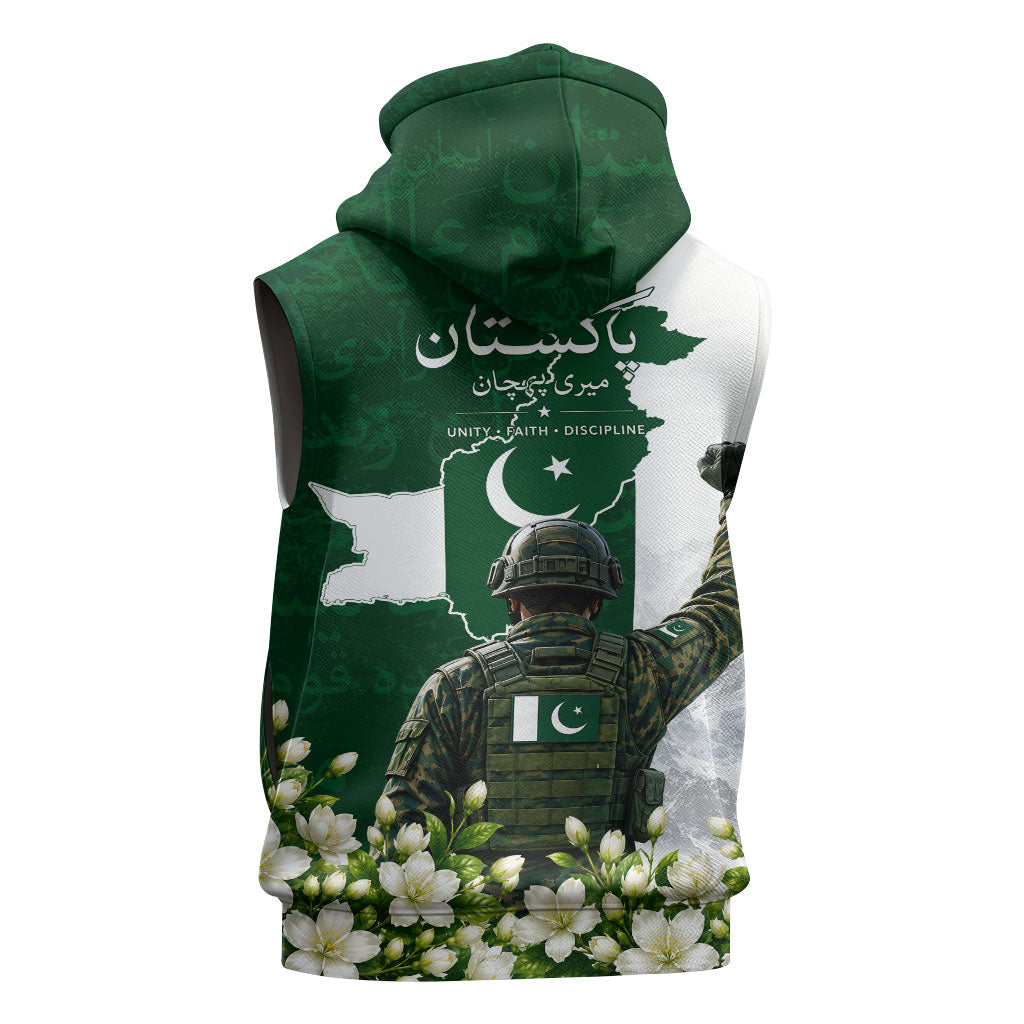 Pakistan Independence Day Sleeveless Hoodie Patriotic Soldier Heritage Landmarks And Jasmine