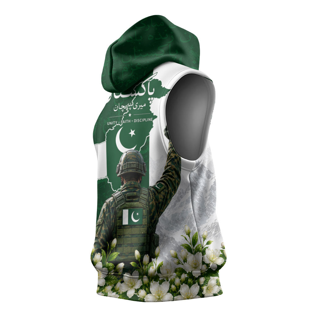 Pakistan Independence Day Sleeveless Hoodie Patriotic Soldier Heritage Landmarks And Jasmine