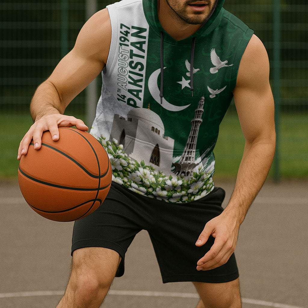 Pakistan Independence Day Sleeveless Hoodie Patriotic Soldier Heritage Landmarks And Jasmine