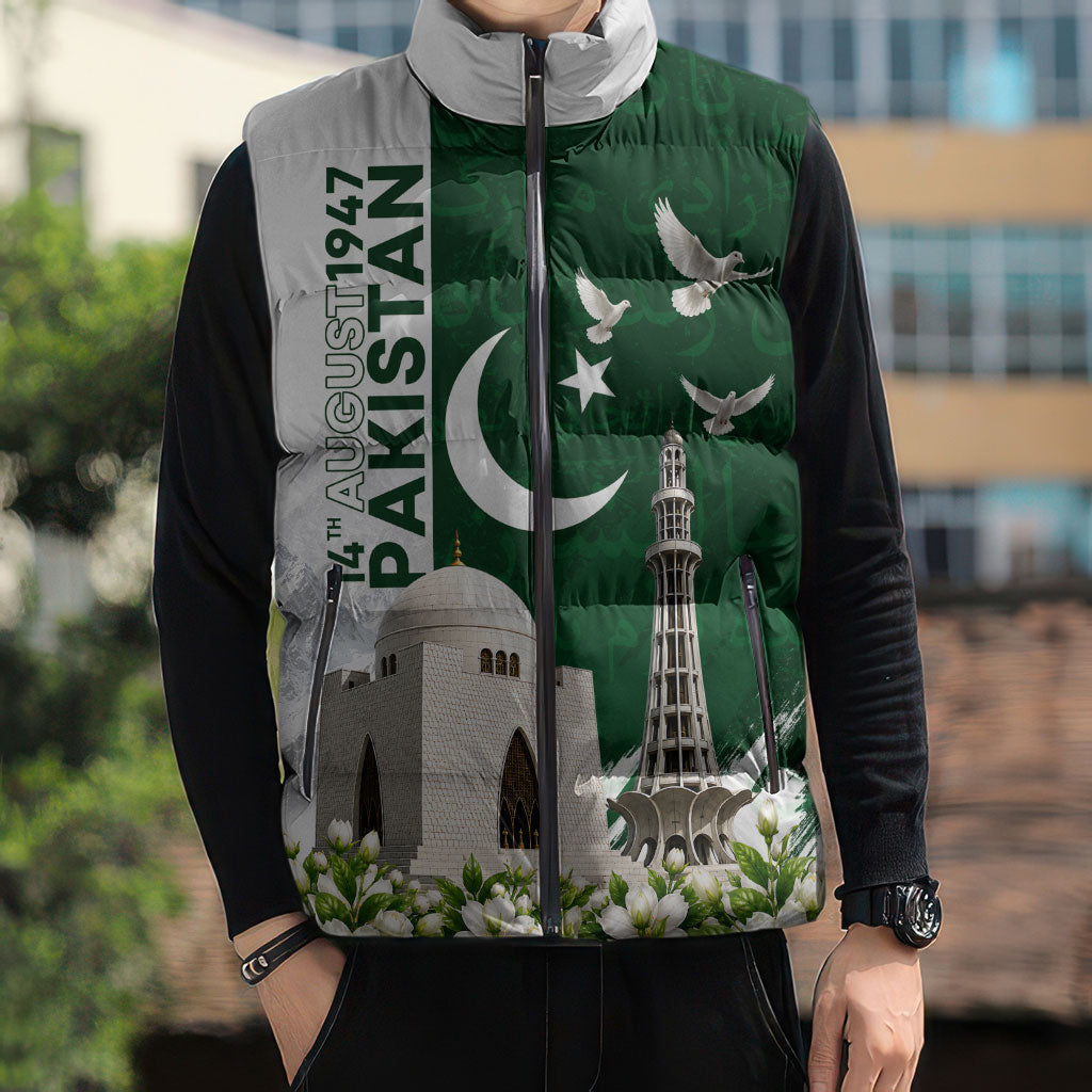 Pakistan Independence Day Sleeveless Puffer Jacket Patriotic Soldier Heritage Landmarks And Jasmine