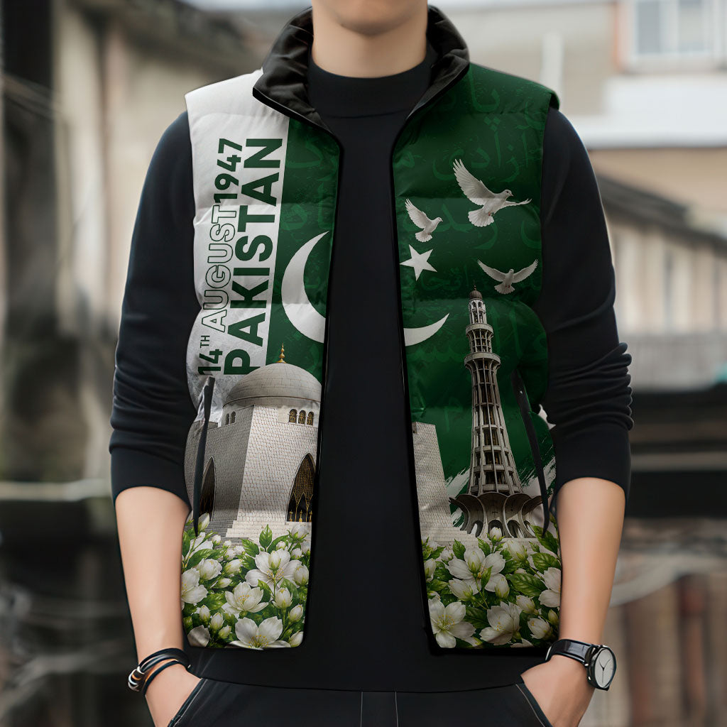 Pakistan Independence Day Sleeveless Puffer Jacket Patriotic Soldier Heritage Landmarks And Jasmine