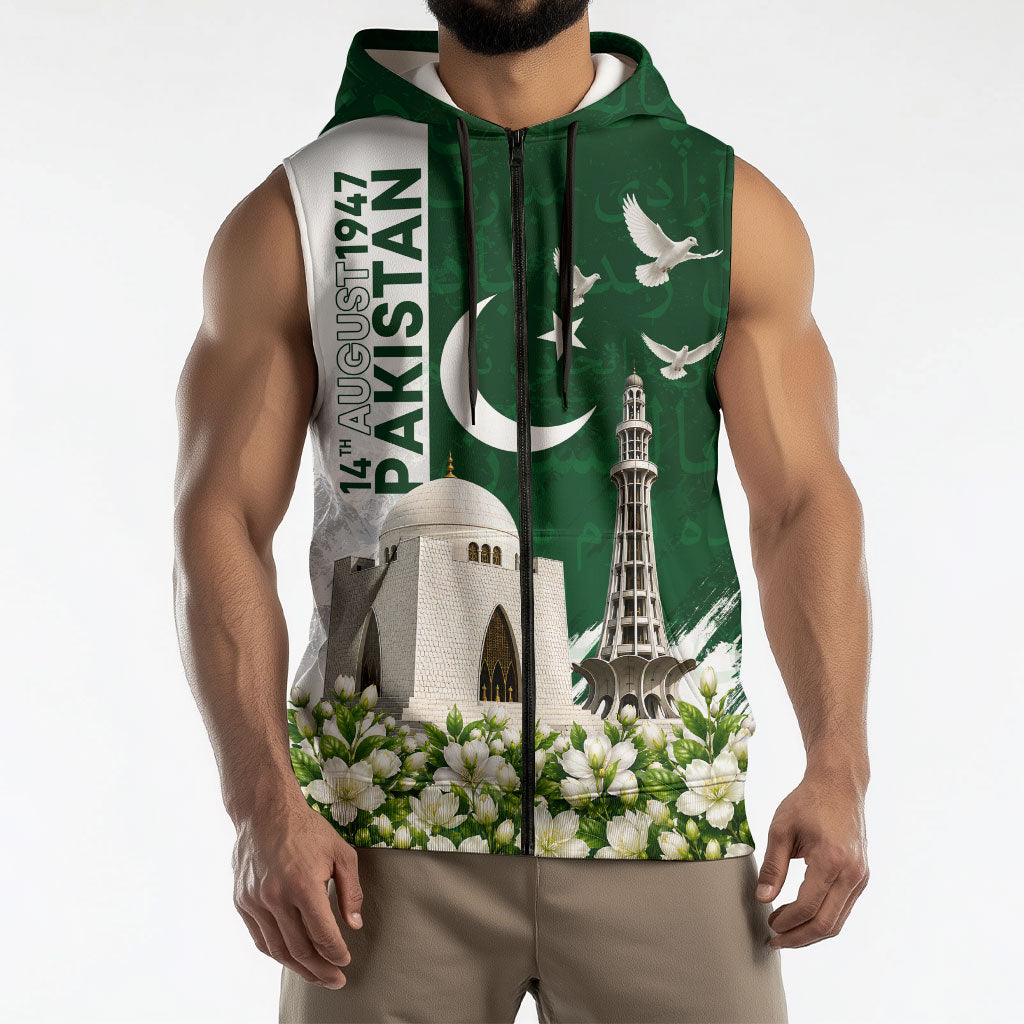 Pakistan Independence Day Sleeveless Zip Hoodie Patriotic Soldier Heritage Landmarks And Jasmine
