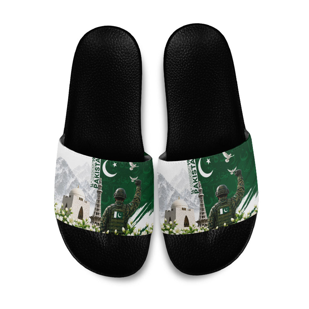 Pakistan Independence Day Slide Sandals Patriotic Soldier Heritage Landmarks And Jasmine