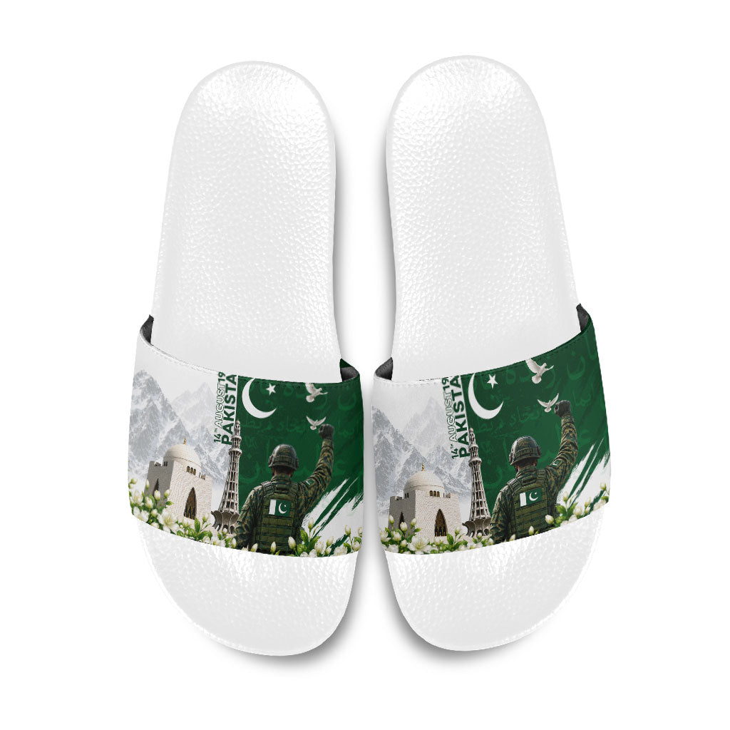 Pakistan Independence Day Slide Sandals Patriotic Soldier Heritage Landmarks And Jasmine