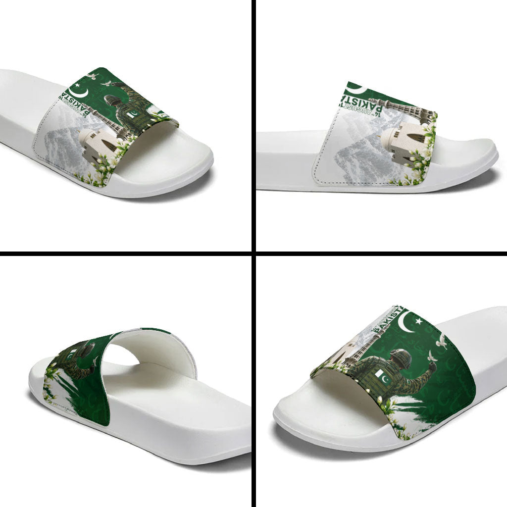 Pakistan Independence Day Slide Sandals Patriotic Soldier Heritage Landmarks And Jasmine