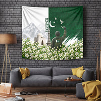 Pakistan Independence Day Tapestry Patriotic Soldier Heritage Landmarks And Jasmine