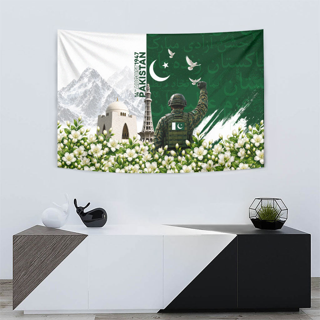 Pakistan Independence Day Tapestry Patriotic Soldier Heritage Landmarks And Jasmine