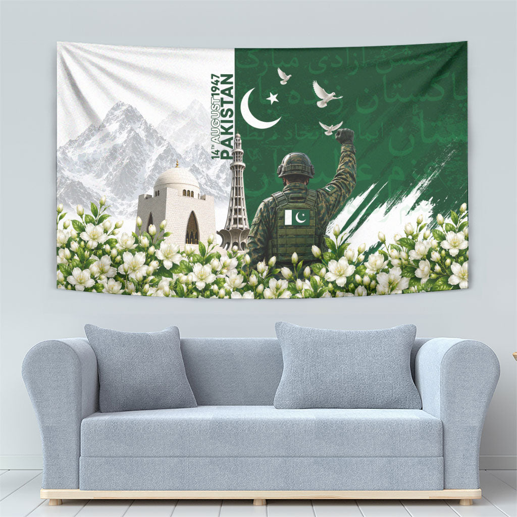 Pakistan Independence Day Tapestry Patriotic Soldier Heritage Landmarks And Jasmine
