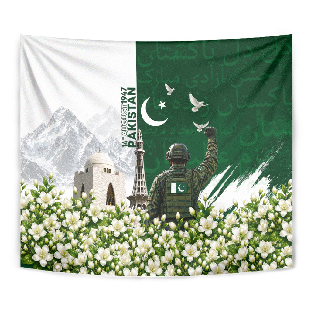 Pakistan Independence Day Tapestry Patriotic Soldier Heritage Landmarks And Jasmine