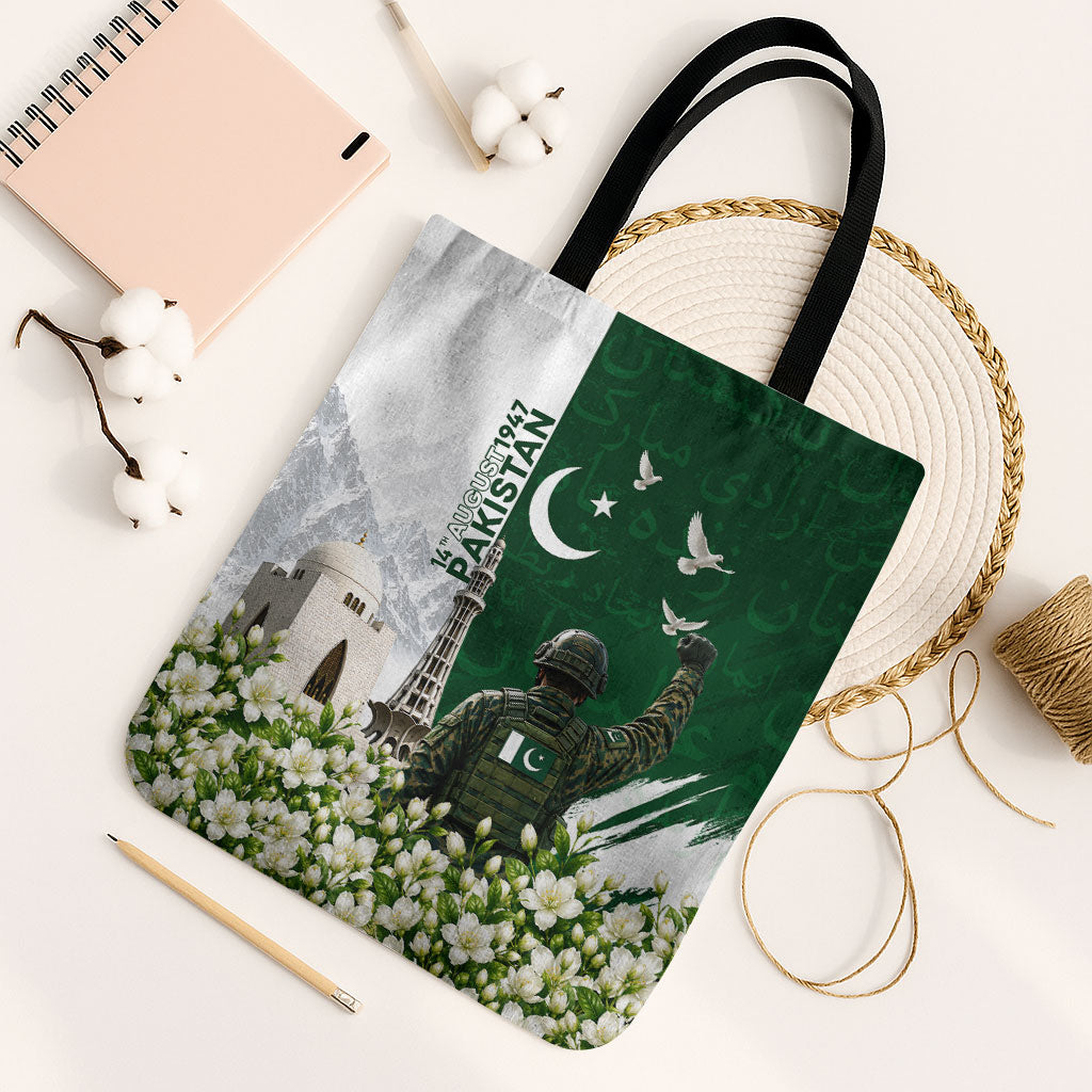Pakistan Independence Day Tote Bag Patriotic Soldier Heritage Landmarks And Jasmine