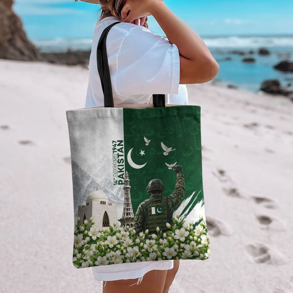 Pakistan Independence Day Tote Bag Patriotic Soldier Heritage Landmarks And Jasmine
