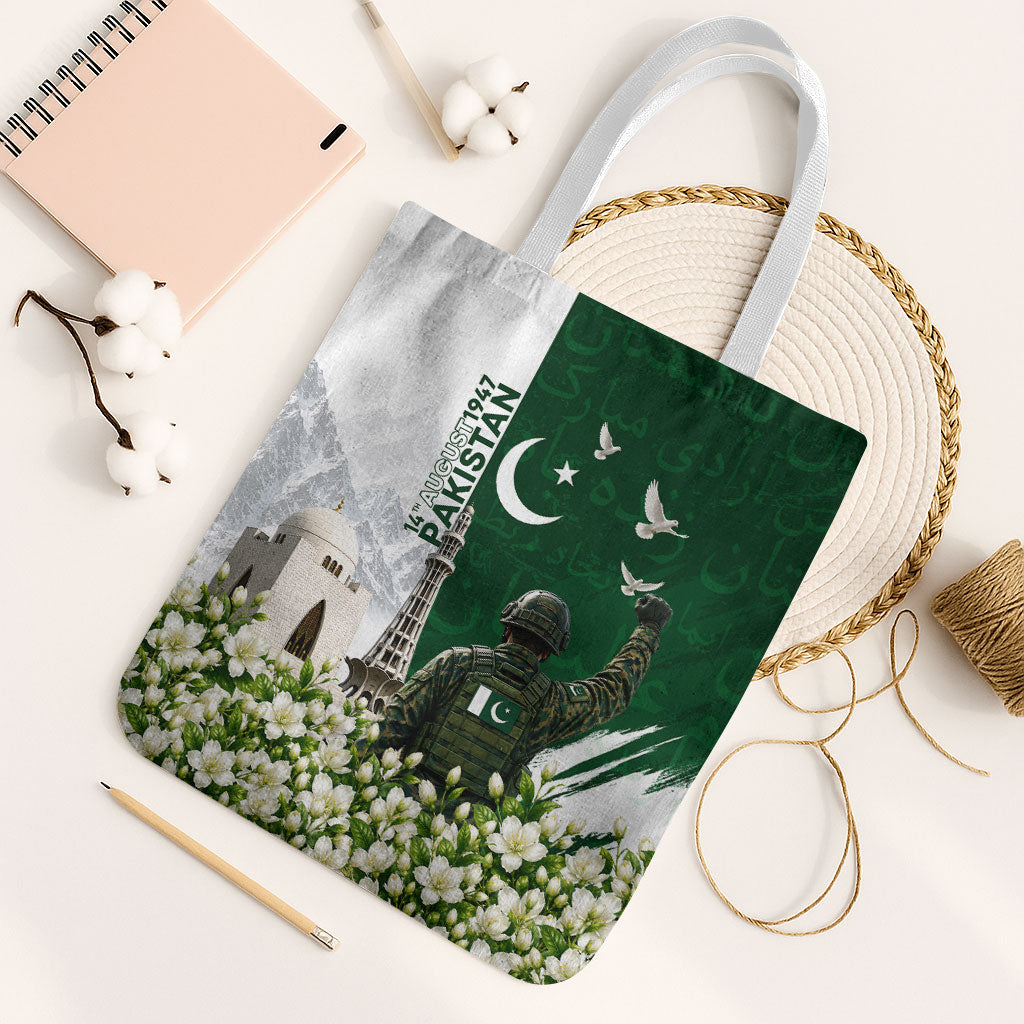 Pakistan Independence Day Tote Bag Patriotic Soldier Heritage Landmarks And Jasmine