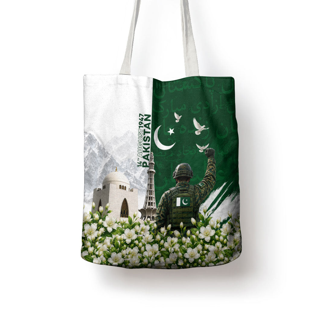 Pakistan Independence Day Tote Bag Patriotic Soldier Heritage Landmarks And Jasmine