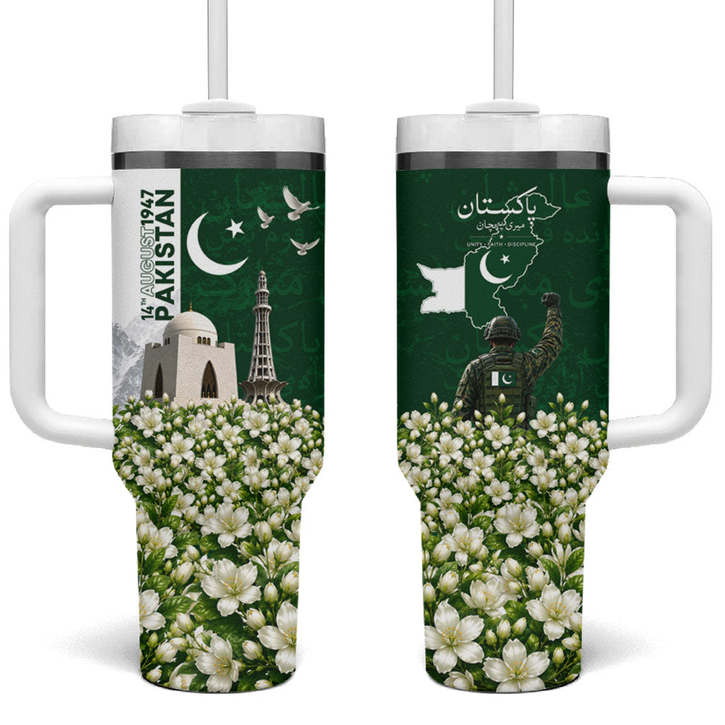 Pakistan Independence Day Tumbler With Handle Patriotic Soldier Heritage Landmarks And Jasmine