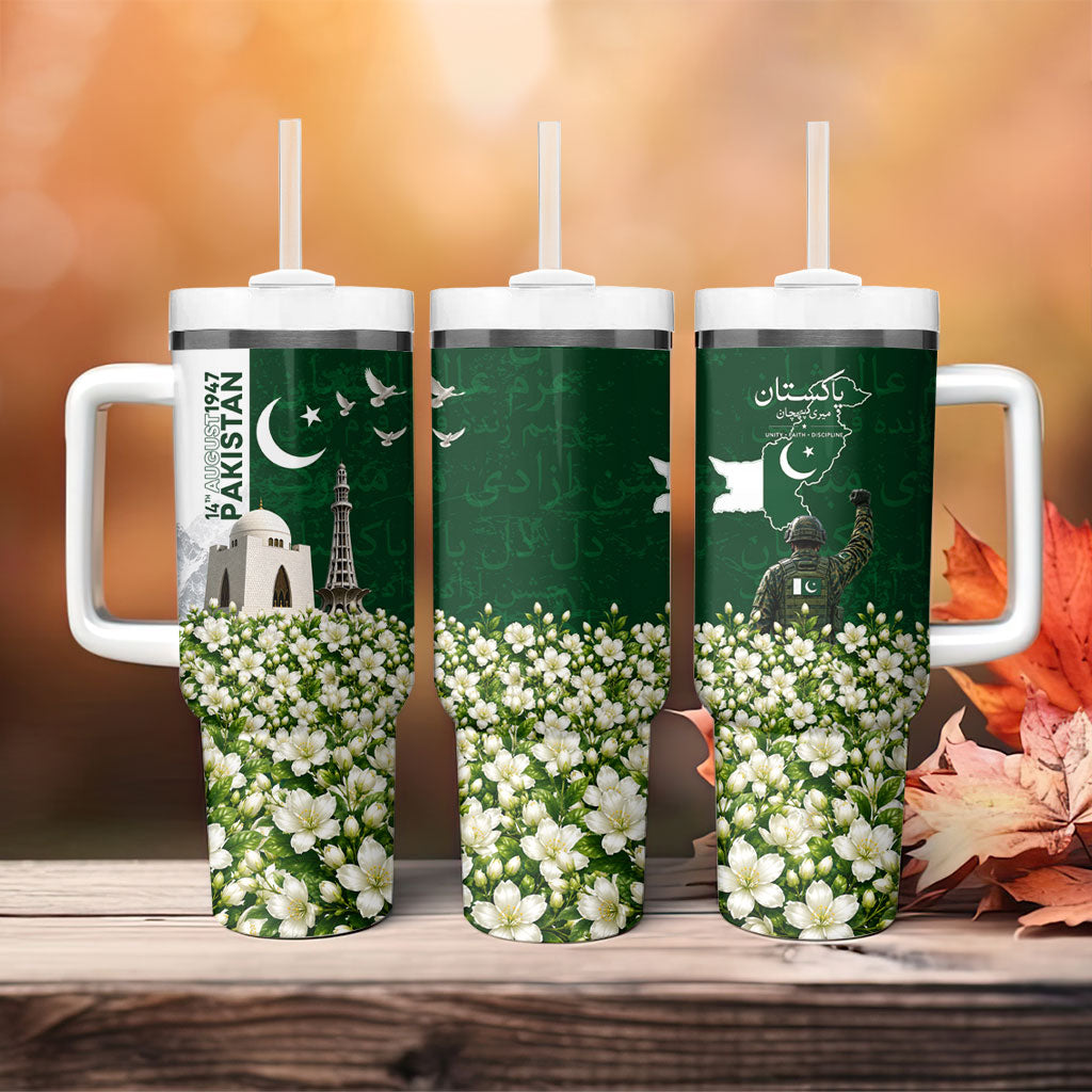 Pakistan Independence Day Tumbler With Handle Patriotic Soldier Heritage Landmarks And Jasmine