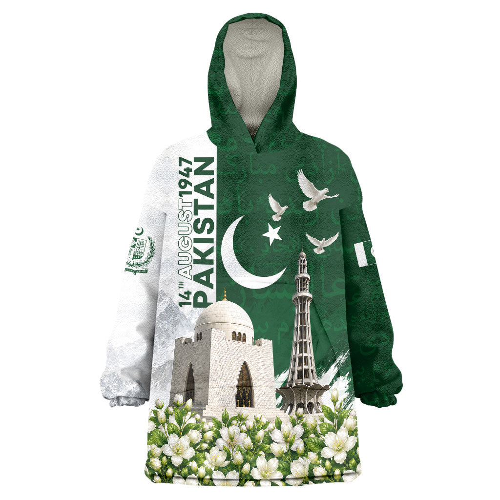 Pakistan Independence Day Wearable Blanket Hoodie Patriotic Soldier Heritage Landmarks And Jasmine