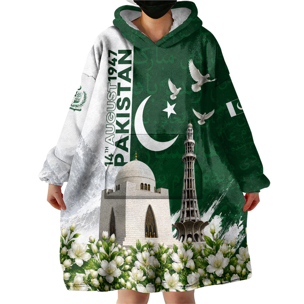Pakistan Independence Day Wearable Blanket Hoodie Patriotic Soldier Heritage Landmarks And Jasmine