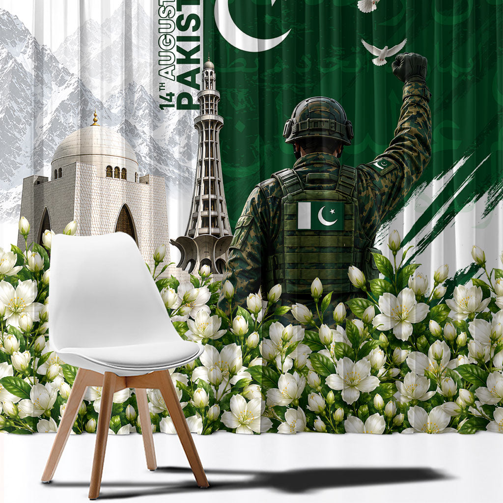 Pakistan Independence Day Window Curtain Patriotic Soldier Heritage Landmarks And Jasmine