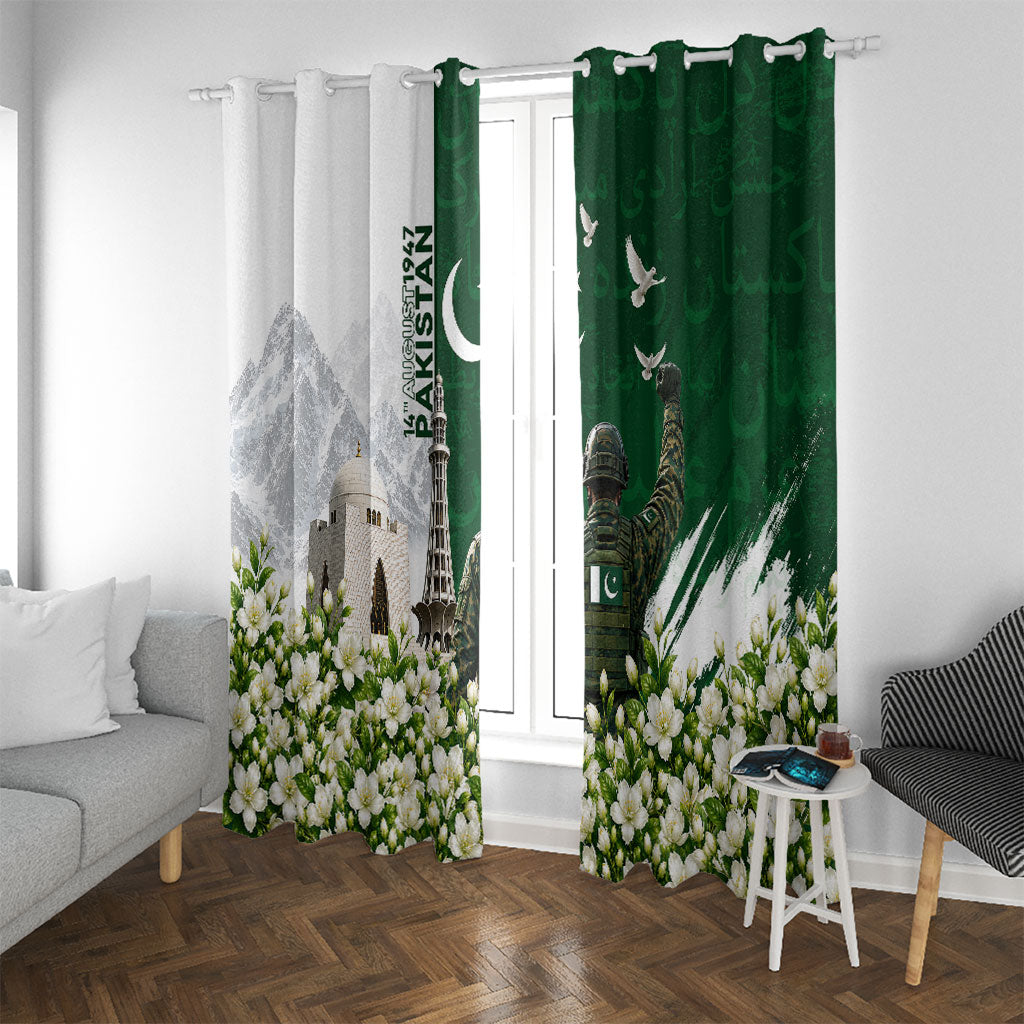 Pakistan Independence Day Window Curtain Patriotic Soldier Heritage Landmarks And Jasmine