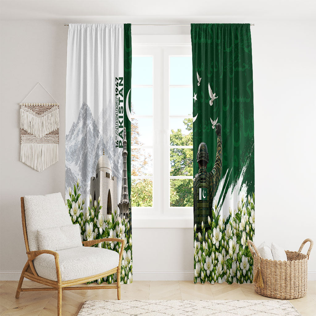 Pakistan Independence Day Window Curtain Patriotic Soldier Heritage Landmarks And Jasmine