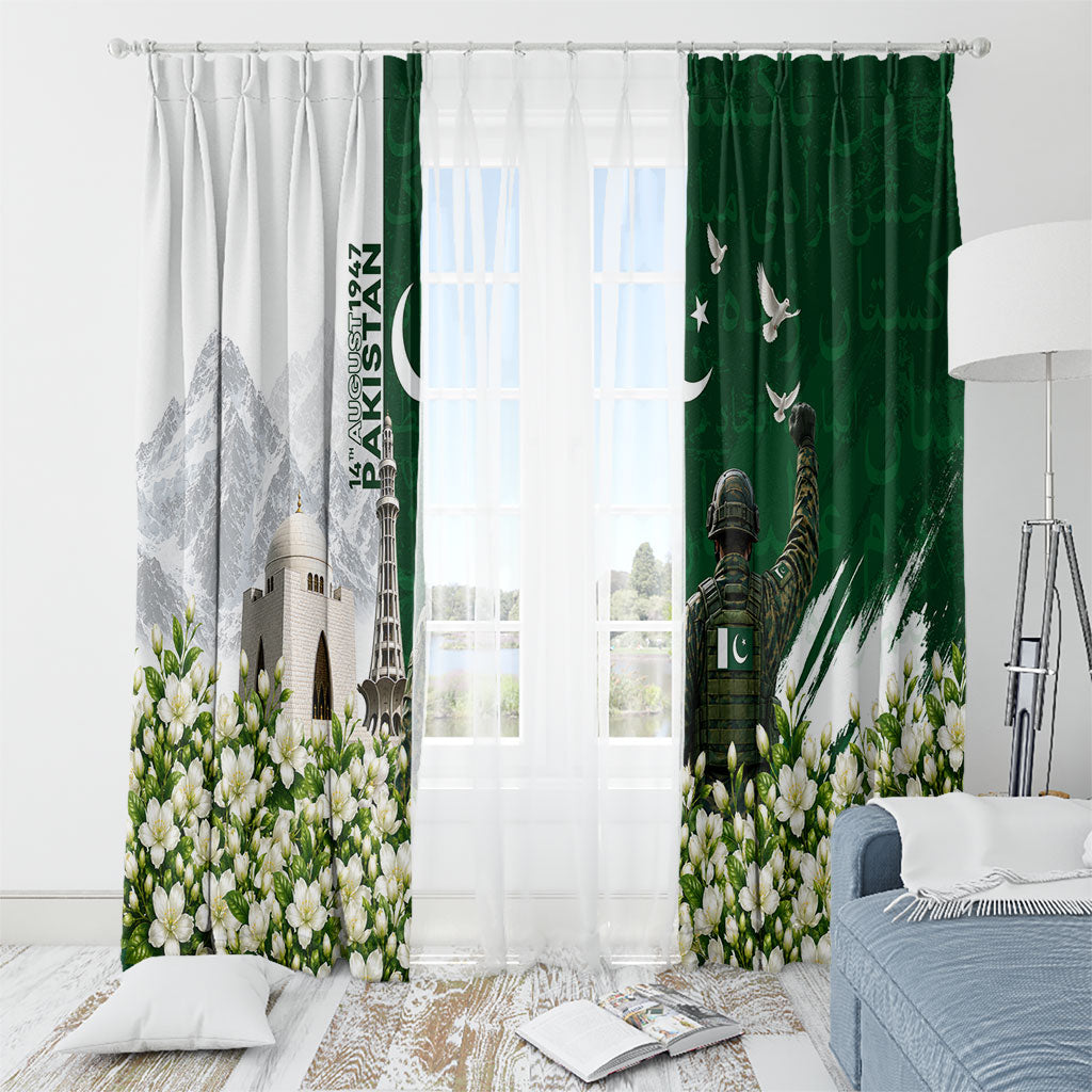 Pakistan Independence Day Window Curtain Patriotic Soldier Heritage Landmarks And Jasmine