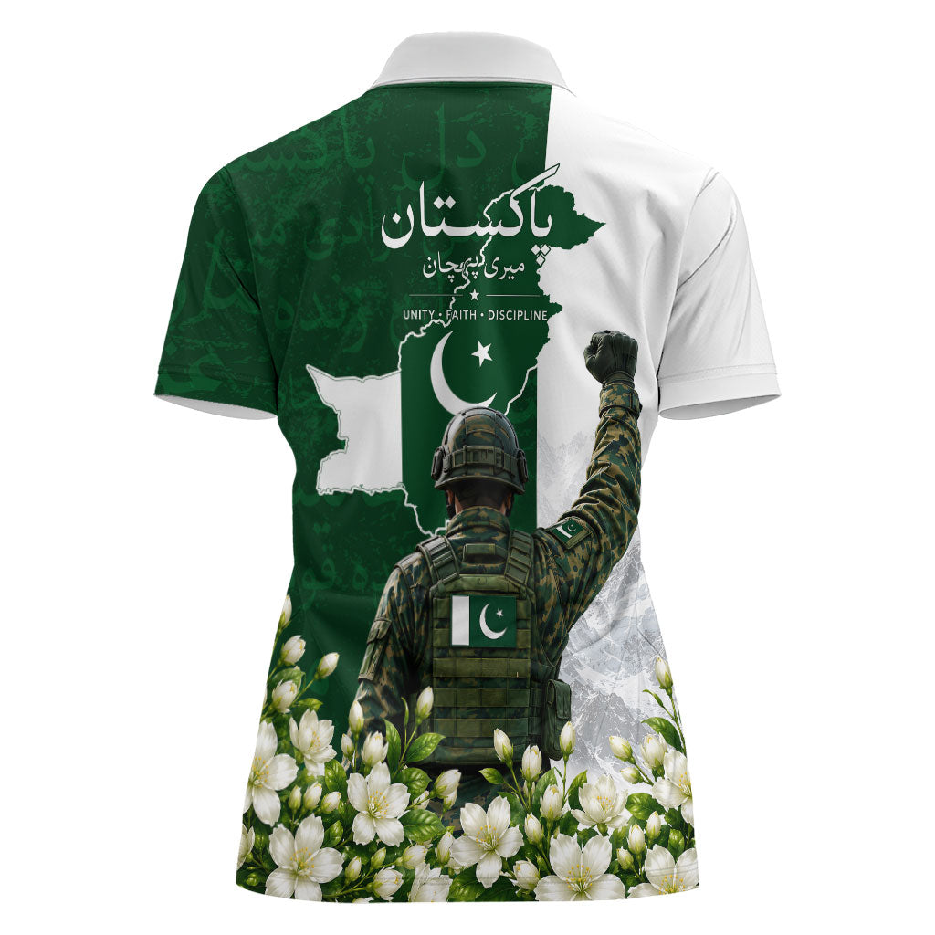 Pakistan Independence Day Women Polo Shirt Patriotic Soldier Heritage Landmarks And Jasmine