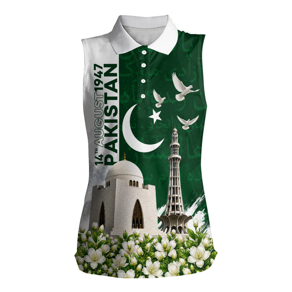 Pakistan Independence Day Women Sleeveless Polo Shirt Patriotic Soldier Heritage Landmarks And Jasmine