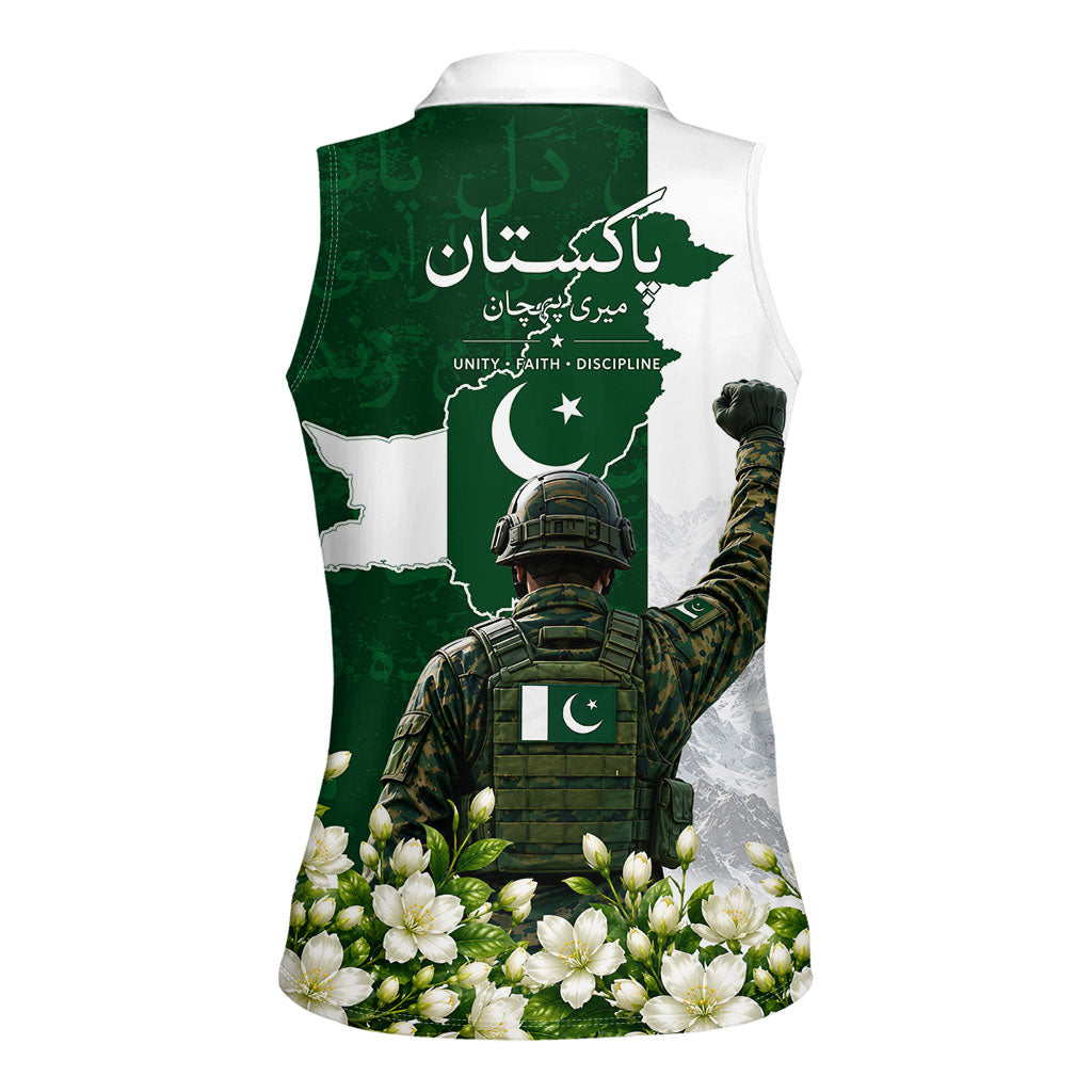 Pakistan Independence Day Women Sleeveless Polo Shirt Patriotic Soldier Heritage Landmarks And Jasmine