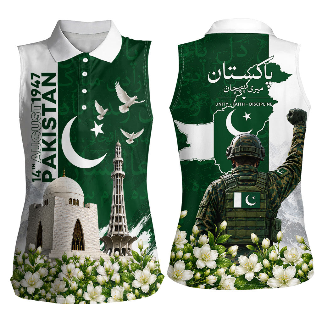 Pakistan Independence Day Women Sleeveless Polo Shirt Patriotic Soldier Heritage Landmarks And Jasmine
