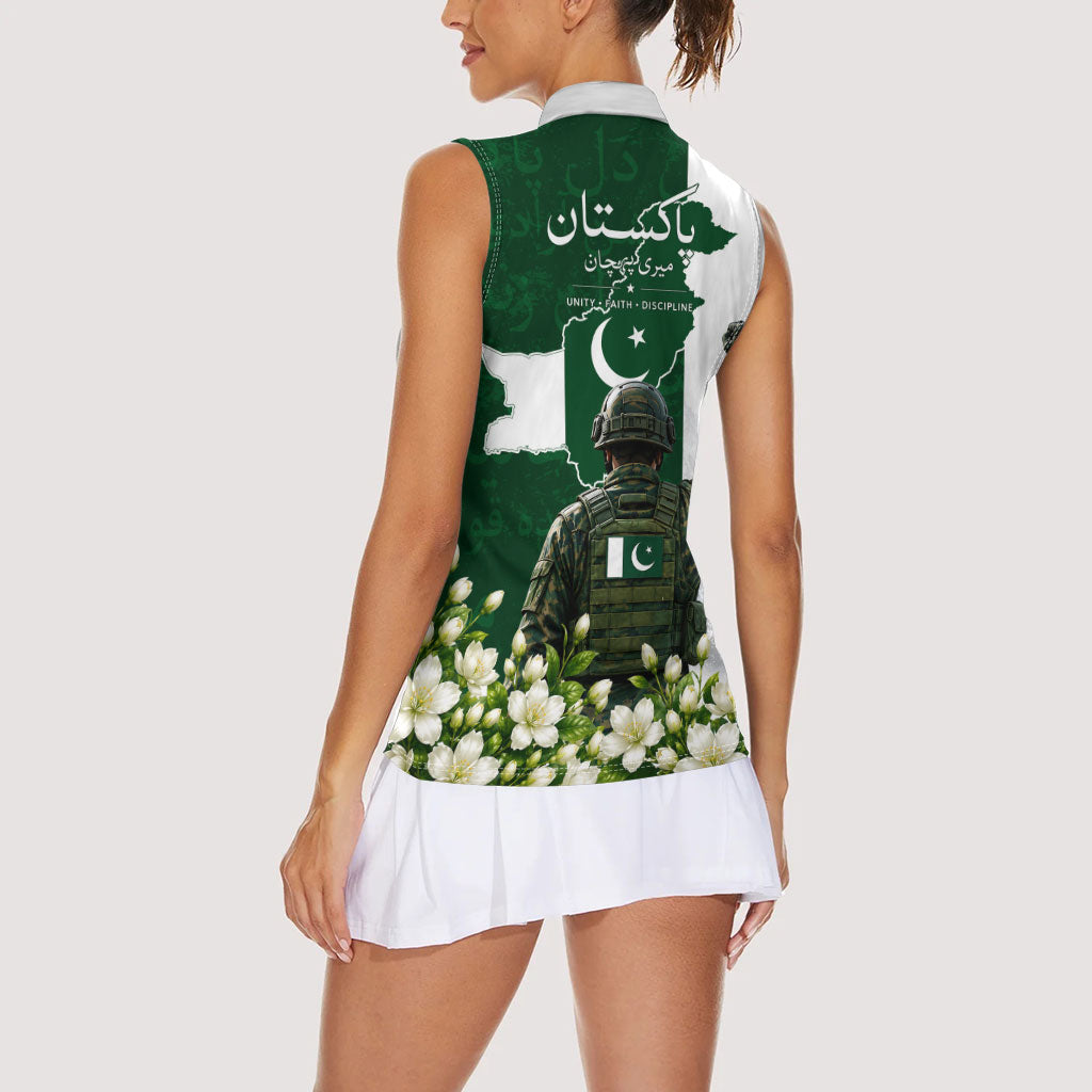 Pakistan Independence Day Women Sleeveless Polo Shirt Patriotic Soldier Heritage Landmarks And Jasmine