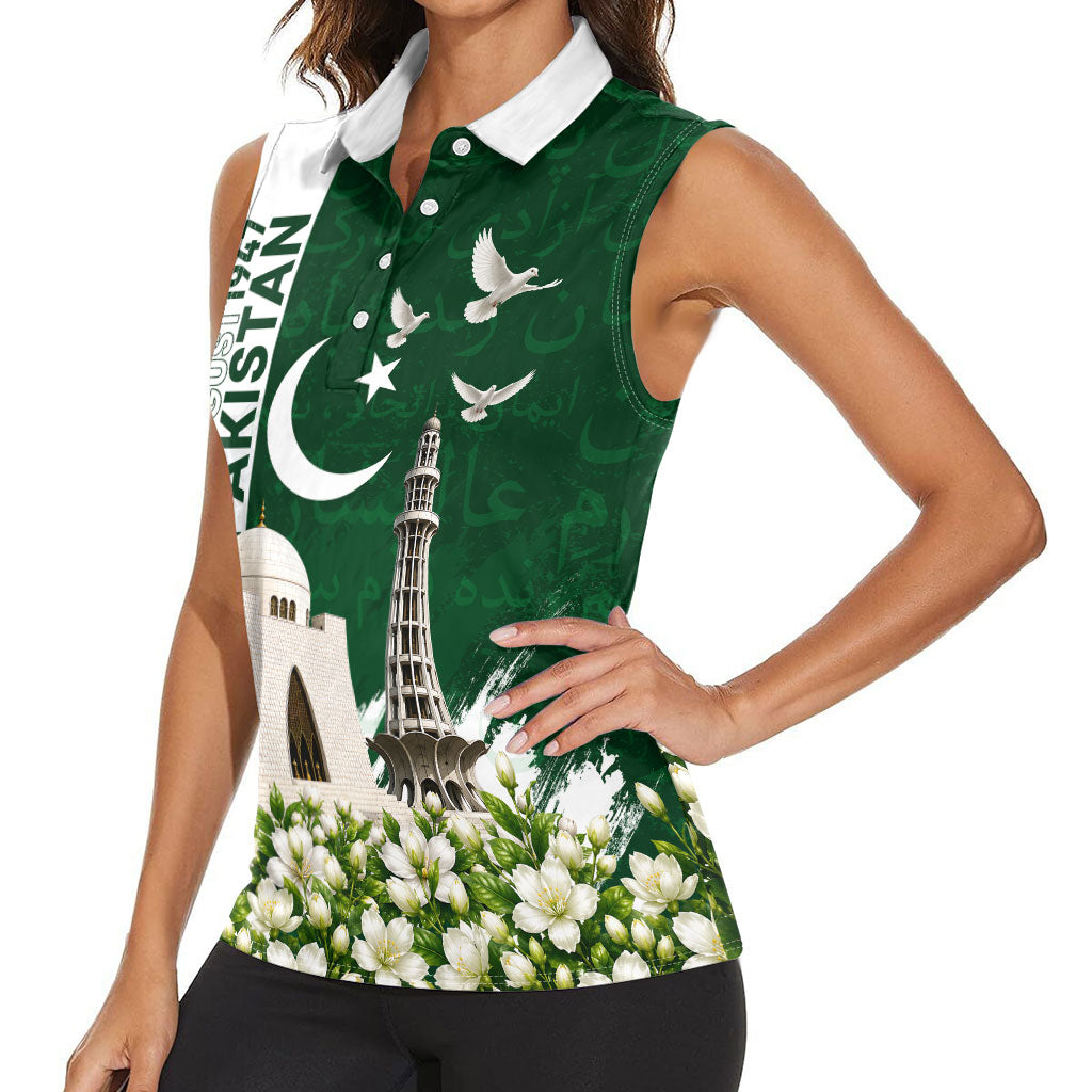 Pakistan Independence Day Women Sleeveless Polo Shirt Patriotic Soldier Heritage Landmarks And Jasmine