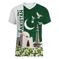 Pakistan Independence Day Women V-Neck T-Shirt Patriotic Soldier Heritage Landmarks And Jasmine