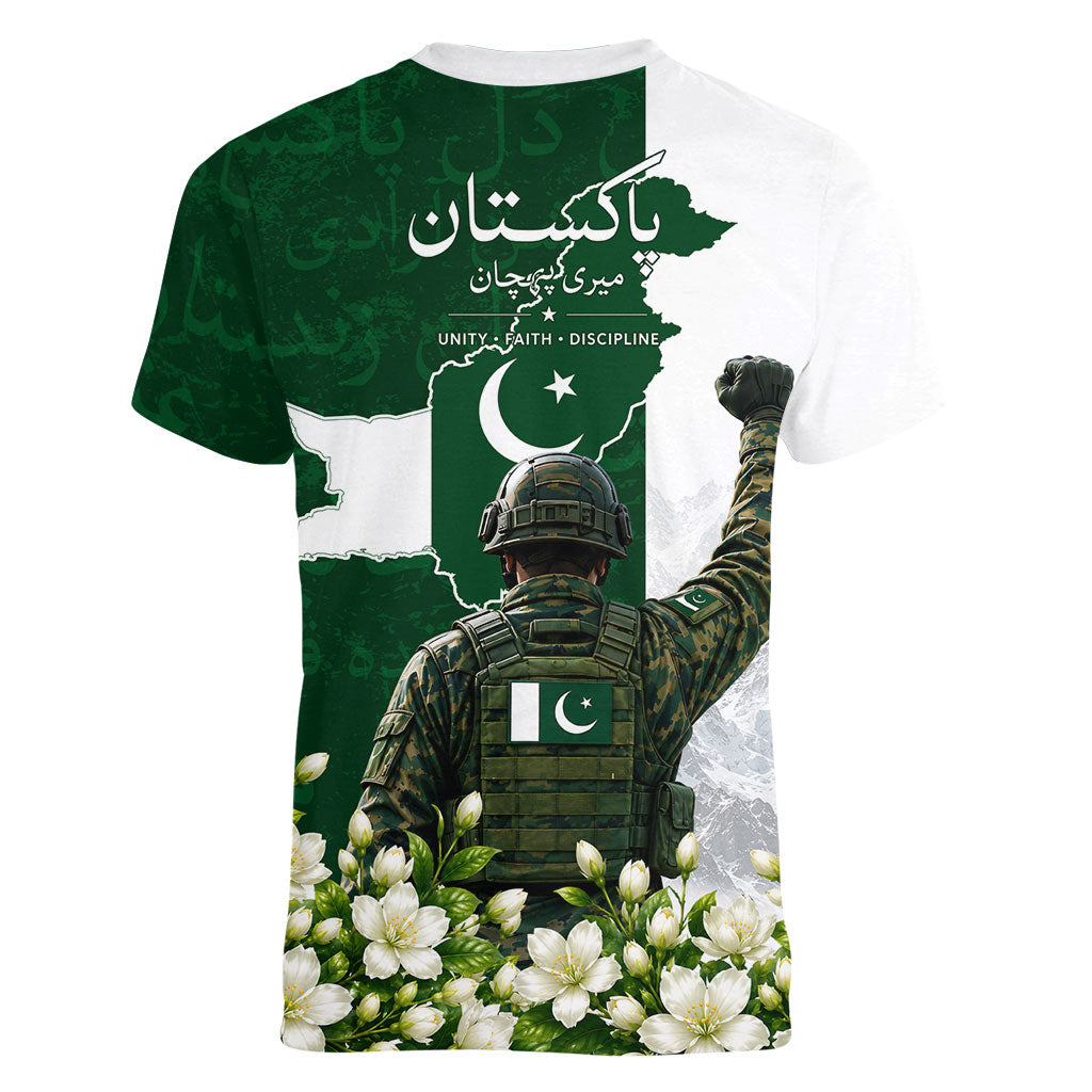 Pakistan Independence Day Women V-Neck T-Shirt Patriotic Soldier Heritage Landmarks And Jasmine