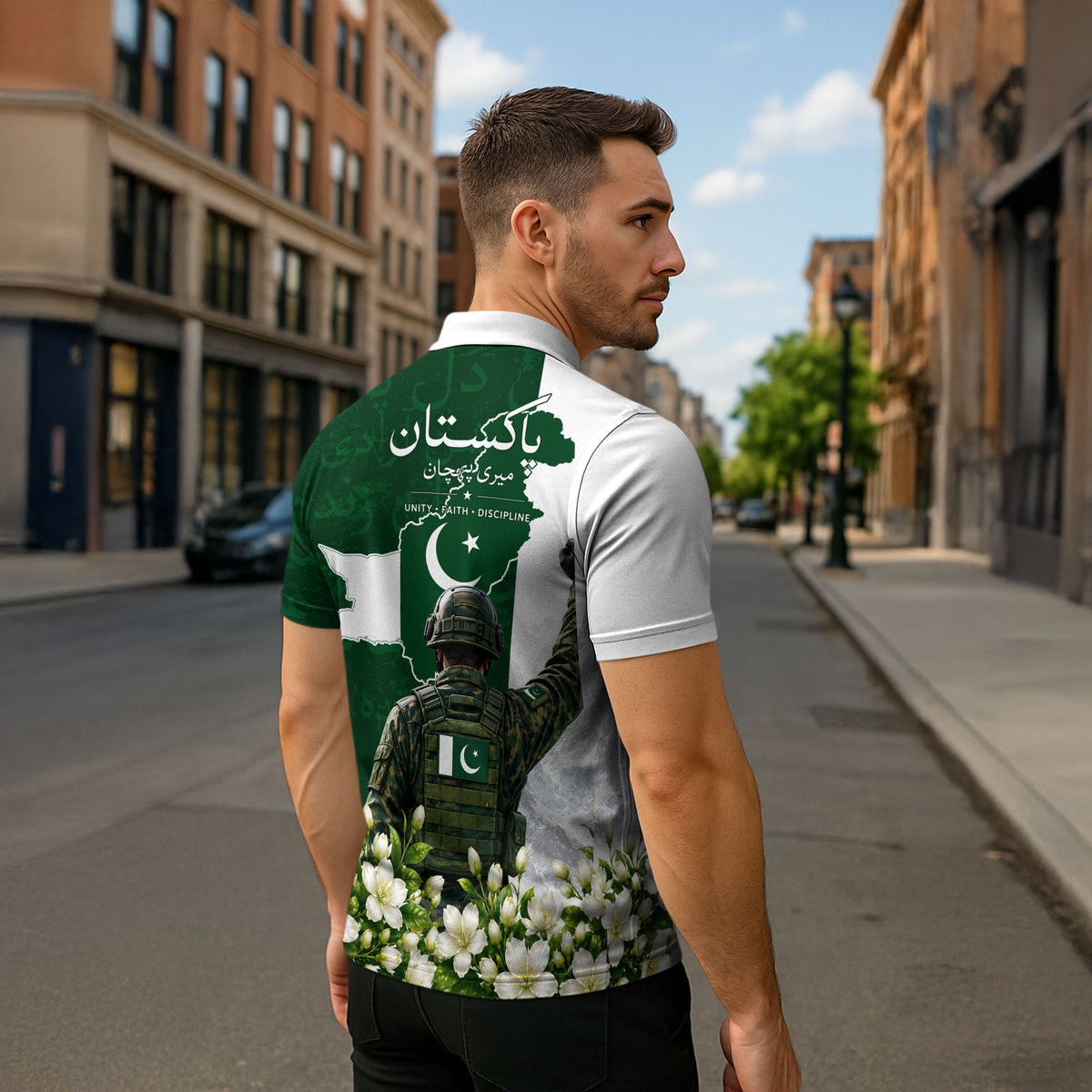 Pakistan Independence Day Zipper Polo Shirt Patriotic Soldier Heritage Landmarks And Jasmine