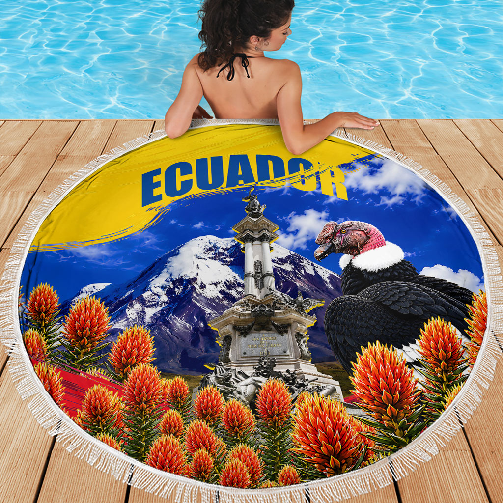 Ecuador Independence Day Beach Blanket Patriotic Andean Condor Monument And Mountain