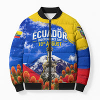 Ecuador Independence Day Bomber Puffer Jacket Patriotic Andean Condor Monument And Mountain