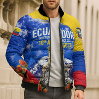 Ecuador Independence Day Bomber Puffer Jacket Patriotic Andean Condor Monument And Mountain