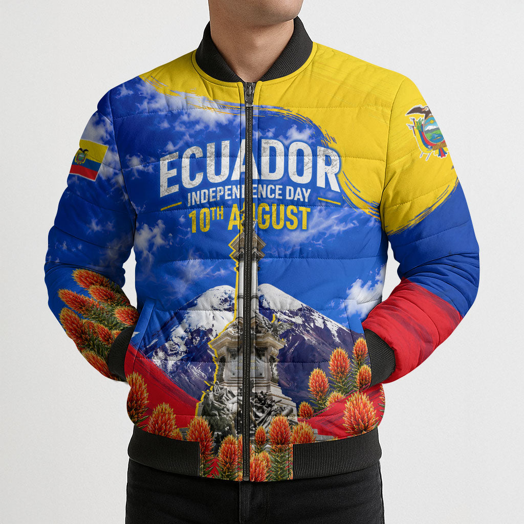 Ecuador Independence Day Bomber Puffer Jacket Patriotic Andean Condor Monument And Mountain