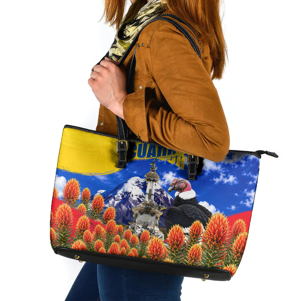 Ecuador Independence Day Leather Tote Bag Patriotic Andean Condor Monument And Mountain