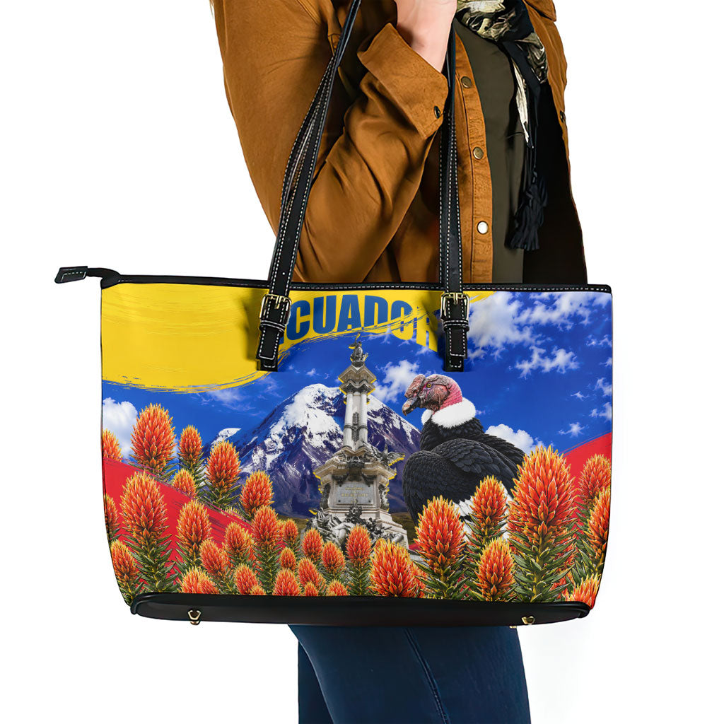 Ecuador Independence Day Leather Tote Bag Patriotic Andean Condor Monument And Mountain