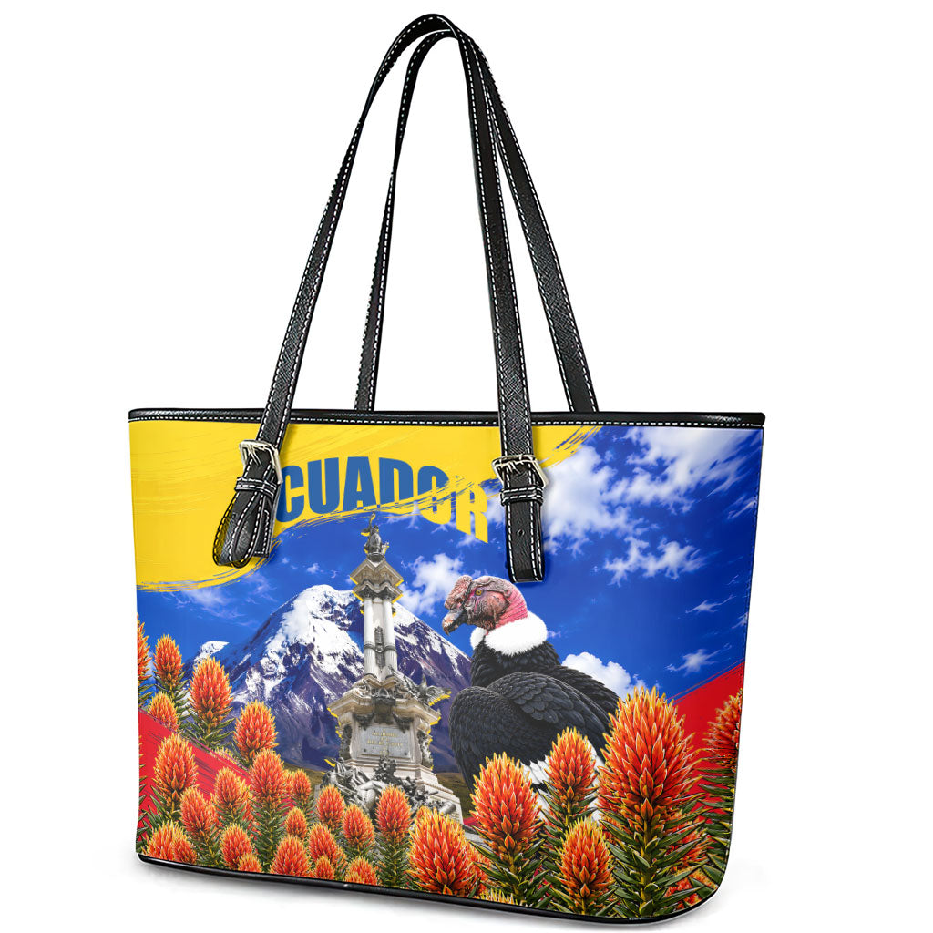 Ecuador Independence Day Leather Tote Bag Patriotic Andean Condor Monument And Mountain