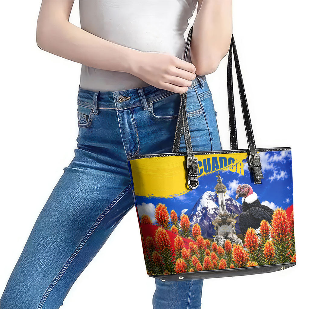 Ecuador Independence Day Leather Tote Bag Patriotic Andean Condor Monument And Mountain